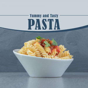 A close-up of a white bowl filled with spiral pasta covered in red tomato sauce and garnished with parsley.