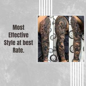 Image of tattoo sleeves with intricate designs, showcasing a 'Most Effective Style at best Rate' promotion.