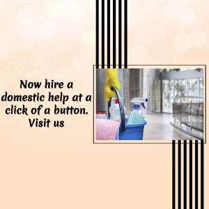 Image of cleaning supplies and a domestic helper promoting cleaning services.