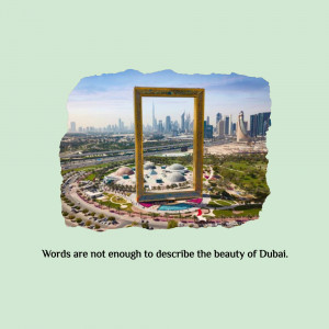 A scenic view of Dubai through a golden frame.