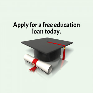 Graduation cap and diploma with text promoting free education loans