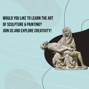 Image of a sculpture depicting the Pietà with text inviting viewers to learn sculpture and painting.