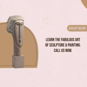 Modern sculpture with promotional text for art classes