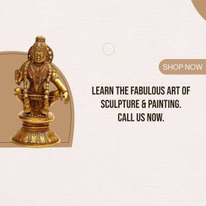 Golden statue of Lord Venkateswara with promotional text for sculpture and painting.