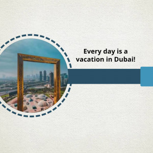 Dubai Frame with a cityscape background and motivational text.