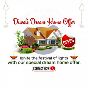 Diwali offer for a dream home with a house image and festive decorations.