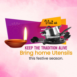 Diwali themed advertisement featuring kitchen utensils and a diya.