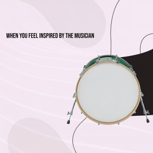 A drum set against a pastel pink and black abstract background with text.
