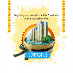 Diwali offer for a new home with building illustration and festive decorations.
