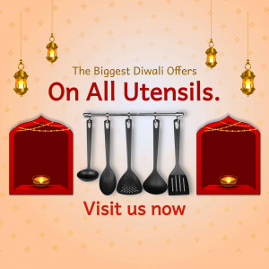 Diwali offer on utensils with kitchen tools and decorative lamps