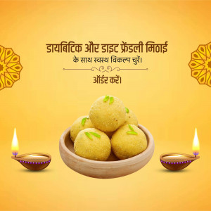 Diwali sweets in a wooden bowl with lit lamps