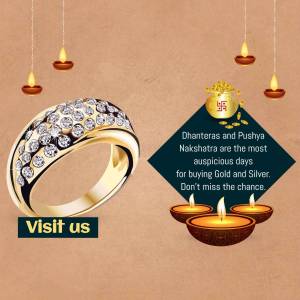 Gold and diamond ring with Diwali lamps and gold coins, promoting Dhanteras and Pushya sale.