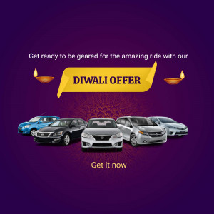 Diwali offer on cars with a purple background and diya lamps
