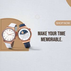 Two smartwatches, one with a white strap and one with a blue strap, displayed with a promotional message.