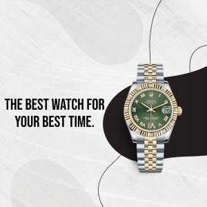 Close-up of a Rolex Datejust watch with a green dial and gold and silver band, displayed with promotional text.