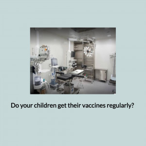 An operating room with medical equipment and a text overlay asking about children's vaccinations.