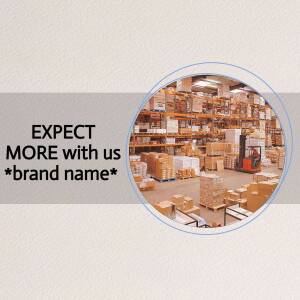 Image of a warehouse interior with forklifts and stacked boxes, promoting a logistics brand.