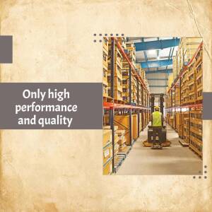 Image of a warehouse interior with a forklift and stacked pallets, emphasizing high performance and quality.