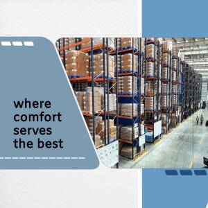 Interior view of a large warehouse with stacked cardboard boxes on shelves.