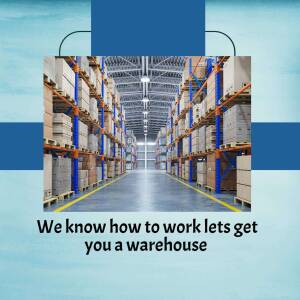 Interior view of a large warehouse with rows of stacked boxes and a blue and white color scheme.