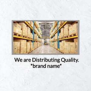 Image of a warehouse filled with cardboard boxes on shelves, with a forklift in the background and text 'We are Distributing Quality'