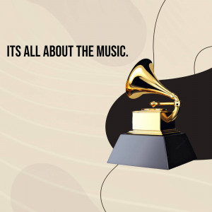 Golden gramophone award on a pedestal with abstract background