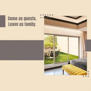 Modern bedroom with a view of a garden and the text 'Come as guests. Leave as family.'