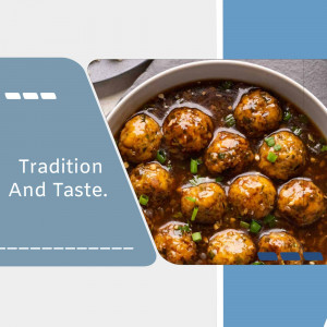 Close-up of Manchurian balls in a dark sauce, garnished with green onions.