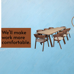 Wooden conference table and chairs with text overlay