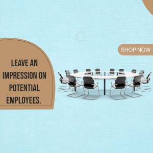 A modern conference room with a large round table and black chairs, with text overlay promoting a positive impression on potential employees.