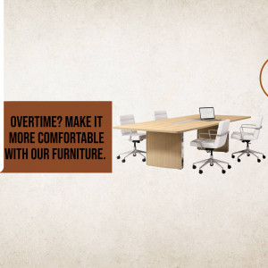 Office furniture setup with a laptop and chairs, promoting comfort during overtime.