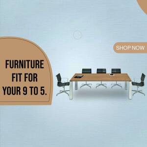 Image of a modern office conference table and chairs with a 'Shop Now' call to action.