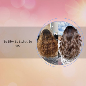 Before and after hair styling showing a beautiful hair transformation.