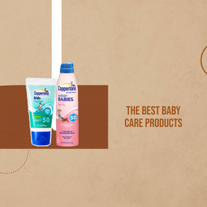 Coppertone Kids and Babies sunscreen tubes on a brown background with text 'The Best Baby Care Products'