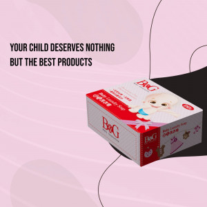 Image of B&G Baby Laundry Soap box with a baby illustration and pink background.