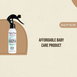 Image of a Natural Baby Hair Lotion Spray bottle with a brown and beige background and 'Shop Now' button.