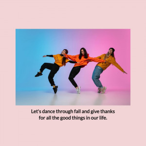 Three friends dancing and having fun in autumn-themed clothing against a colorful background.