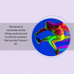 A dynamic image of a dancer in mid-air with colorful light streaks and a quote about memory.