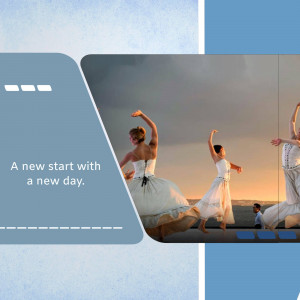 Two ballet dancers performing on a beach at sunset with a blue abstract background.
