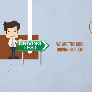 Cartoon illustration of a man pointing to a driving test sign.