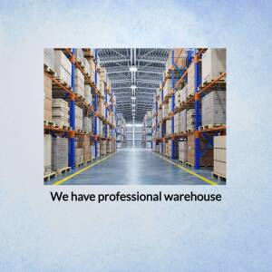 Interior view of a large warehouse with rows of stacked boxes and pallets.