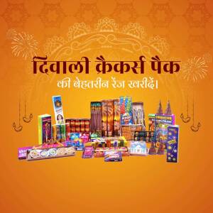 Diwali crackers pack advertisement with various firecracker boxes and festive decorations.