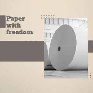 Image of large rolls of white paper in an industrial setting with text overlay 'Paper with freedom'.