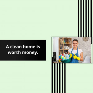 Woman in yellow gloves holding cleaning supplies in a tidy home.