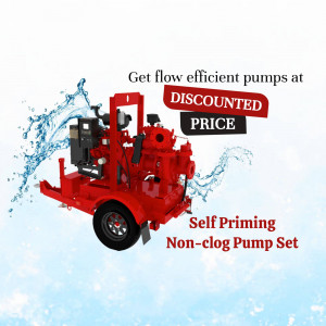 Red water pump set on a trailer with a splash of water and a discounted price offer.