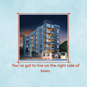 Exterior view of a modern apartment building at night with text overlay.