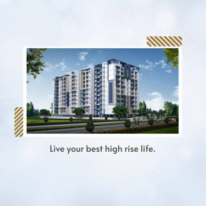 Rendering of a modern apartment building with a blue and white facade
