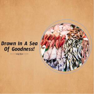 A circular image showcasing a variety of fresh seafood including fish, shrimp, squid, and crab.