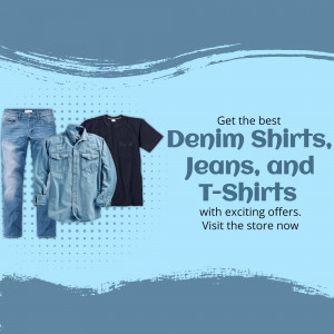 Image of denim shirts, jeans, and a t-shirt with promotional text.