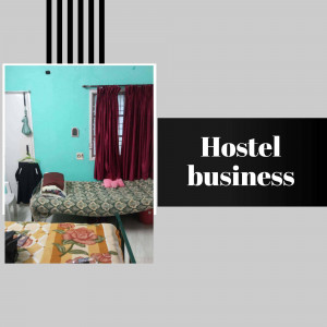 A simple hostel room with beds and a 'Hostel business' text overlay.